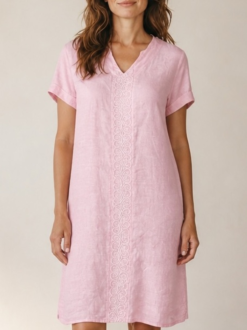 Valentina Naldi Pink V-Neck Embroidered Linen Dress NWT Sz XS Oversized